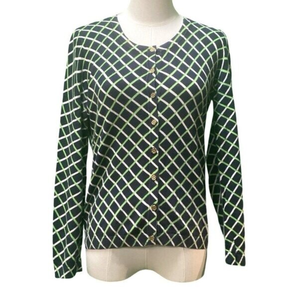 Talbots Long Sleeve Navy/Green Geometric Pattern Cotton Blend Cardigan Size S/P - Picture 1 of 5